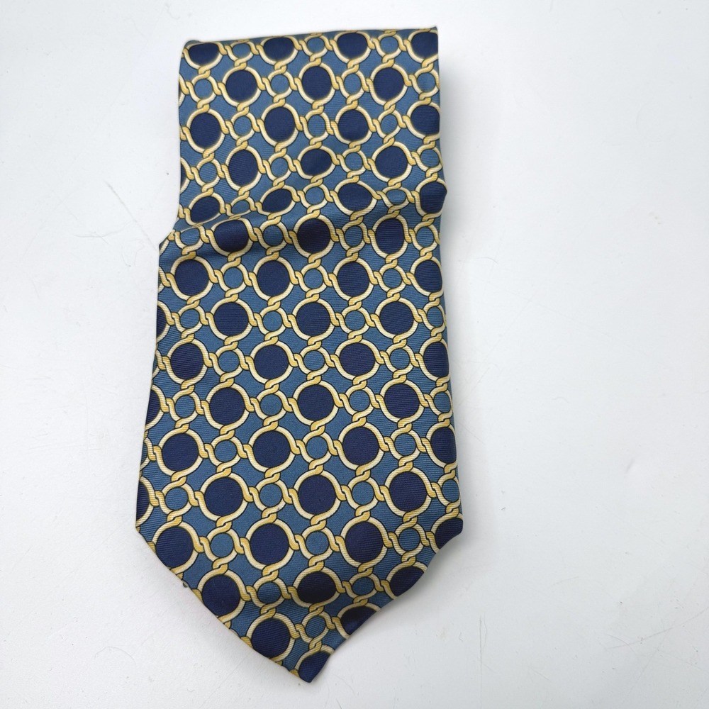 Vintage Paolo Gucci‎ Tie Mens OS Silk Chain Link Geometric Blue Gold Luxury